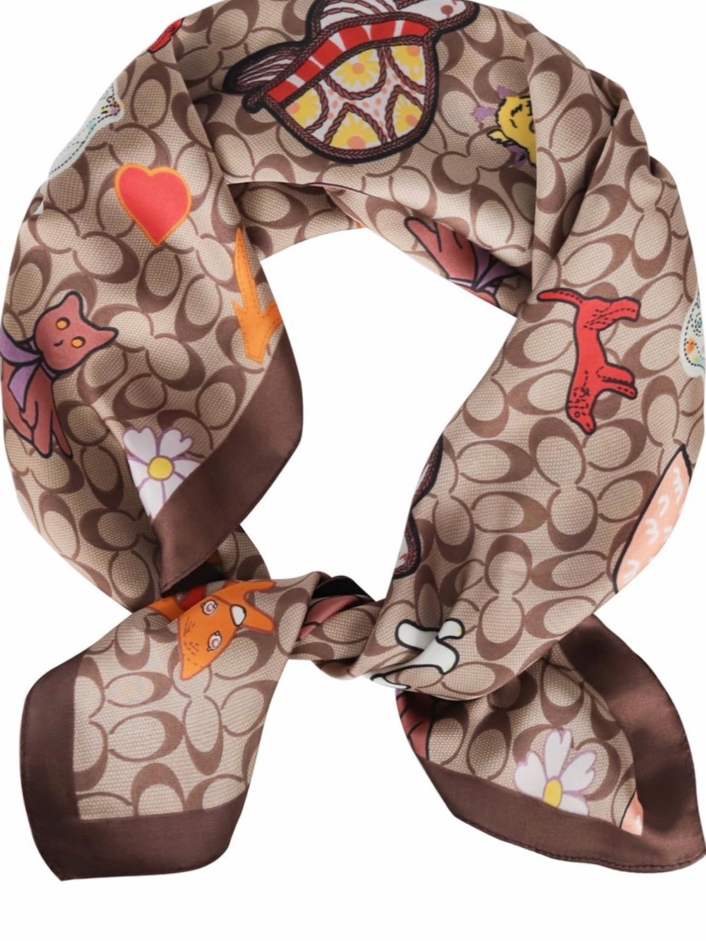 Brown Silk Scarf with Colorful Motifs